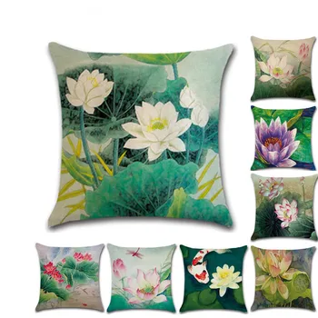 Dekoratyvinis mesti užvalkalas Rašalo lotus medvilnės skalbiniai pagalvėlė padengti Kinų stiliaus ranka-dažytos pen lotus už sofos namų dekoro 2vnt