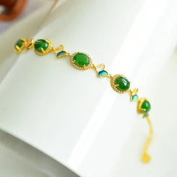 Natūralaus Green Jade 925 Sterlingas Sidabro Apyrankės Moterims Fine Jewelry Originali Hetian Vienas Nefritas Emalio Drugelis Aukso Apyrankės