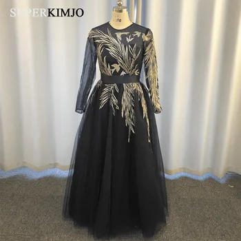 SuperKimJo Rūbeliai De Kokteilis Derliaus Keltas Suknelės Ilgomis Rankovėmis Embrodiery Aplikacijos Elegantiškas Tamsiai Mėlyna Vakare Gown Vestidos
