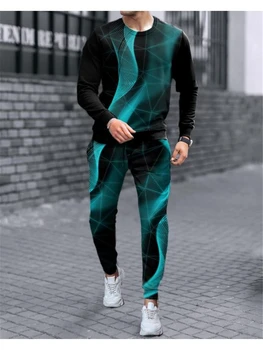 Vyriški Nauji Rudenį ilgomis Rankovėmis Megztinis Ir Kelnės 3D Spausdinimo Kostiumas Streetwear 2 Gabalas Tracksuit Prarasti Atsitiktinis Sweatpants Sporto Rinkinį