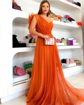 Dimyaoyue Elegantiškas Šifono Plisuotos Ilgos vakarinės Suknelės-Line Orange Vieną Petį Vestido Longo Festa Oficialų Suknelė Moterims