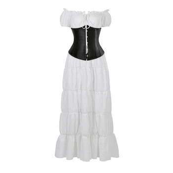 Suknelė su Korsetas Gotikos Moterų Underbust Korsetas ir Viduramžių ir Renesanso Trumpas Slevess Elegantiškas Ilgas Baltas Viktorijos Suknelės