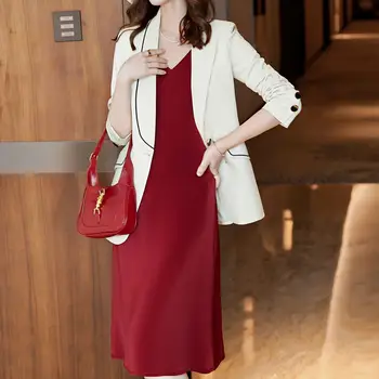 Korėjos mados pavasarį ir rudenį moterų suknelė verslo suknelė darbo suknelė verslo kostiumas moterų negabaritinių kailis + suknelė 2vnt raudona