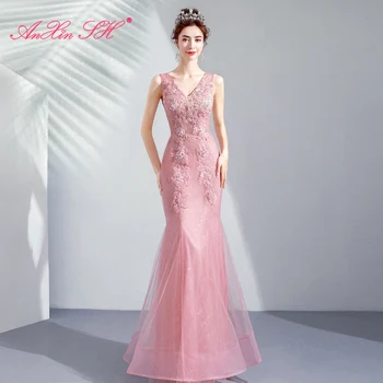 AnXin SH princesė rausva nėrinių undinė vakaro suknelė vintage v kaklo duobute kristalų rankovių trimitas rožinės spalvos vakarinę suknelę 2106