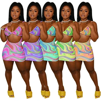 Spalvotų Atspausdinti 2 Dalių Komplektas Vasaros Backless Pasėlių Viršuje Spageti Dirželis Bodycon Mini Suknelės Seksualus Klubas Atitikimo Rinkinys Paplūdimio