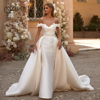 JEHETH Elegantiškas 2023 Satino Undinė Vestuvių Suknelės Moterims ilgomis Rankovėmis Backless Paprastas Baltas Nėrinių Vestuvinės Suknelės Chalatai De Soirée