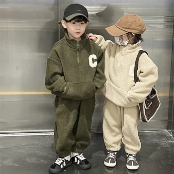 Korėjos vaikų šiltu vilnos kostiumas Rudens ir žiemos drabužių Berniukų stovėti apykaklės, sanitariniai drabužiai ir kelnės Dviejų dalių komplektas