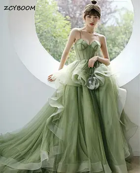 Elegantiška Žalia Ilgai Moteris Prom Dresses Šalies Kamuolys Suknelė Pakopų Tiulio Princesė Brangioji Spageti Dirželis Koplyčia Traukinys Vakare Gown