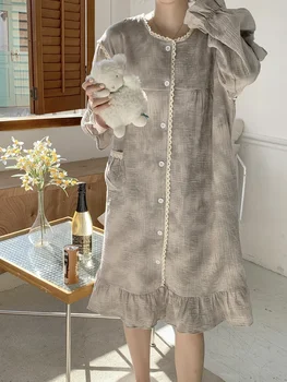 Ins Prabanga tie dažai Pižama Moterų ilgomis rankovėmis Nightdress Aukštos kokybės Patogūs Medvilniniai Verpalai Homewear Nėrinių Sleepwear D567