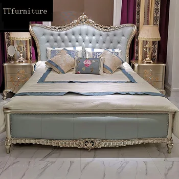 šiuolaikinės europos italų medžio masyvo natūralios odos lova Mados Raižyti prabangus prancūziškas miegamojo komplektas baldai king size jxj73