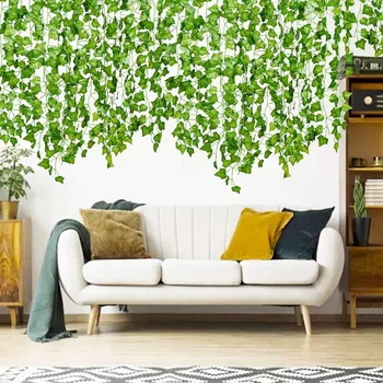 12pcs Ivy green Netikrą Lapų Girlianda Augalų Vynmedžių Lapai Namų Dekoro Kabinti Plastiko Rotango String Sienų Dekoras Dirbtinių Augalų