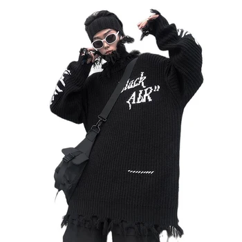 ARENS Neveikiančių Skylę Punk Golfo Sweater Mens Harajuku Vintage Megztinis Moterims Siuvinėjimo Hip-Hop Goth Megzti Megztiniai Megztinis