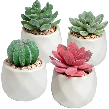 Mini Succulents Dirbtinis Succulents Augalai Dirbtiniai Mini Geometrinis Keramikos Gamyklos Į Puodą,Nustatyti 4 Dekoratyvinis