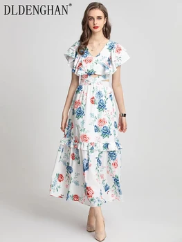 DLDENGHAN Moterų Maxi Suknelė su V-Kaklo Drugelio Rankovės Tuščiaviduriai Iš Gėlių Spausdinti Bohemijos Ilgų Suknelių Mados Dizaineris, Vasaros, Nauja