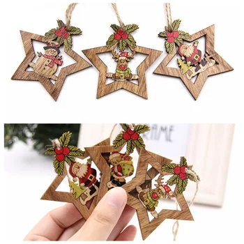 4PCS Star Spausdinti Medinis Pakabas, Papuošalai Kalėdų Medžio Ornamentas 