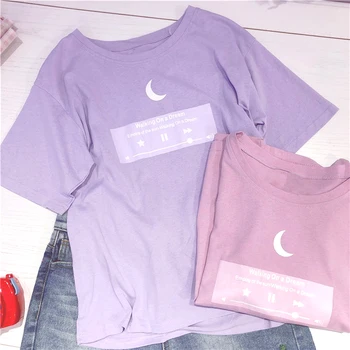 ZOGAA Mėnulis Grafinis Estetinės Violetinė Spausdinti Viršūnes Harajuku Japonija Mielas Rožinis Atsitiktinis Saldus Mergaičių Derliaus Harajuku Kawaii Moterys T-shirt