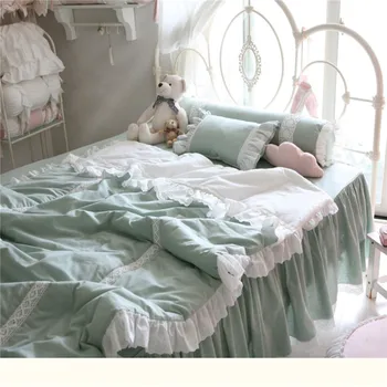 Vientisos spalvos korėjos raukiniai princesė romantiška nėrinių aplikacija mėtos žalumo grynos medvilnės patalynės komplektas ropa cama de lova sijonas YW