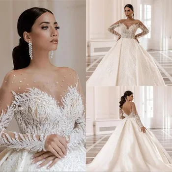 Prabanga arabų Dubajus Kamuolys Suknelė Vestuvių Suknelės 2022 Karoliukai, Kristalai Vestido de Noiva Minkštas Tiulis ilgomis Rankovėmis Vestuvinės Suknelės