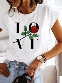 Meilės Laišką Gėlių Saldus trumpomis Rankovėmis Spausdinti Marškinėliai Drabužių Tee Moterims Grafinis T-shirt Vasaros Drabužių Mados Moterų Viršų