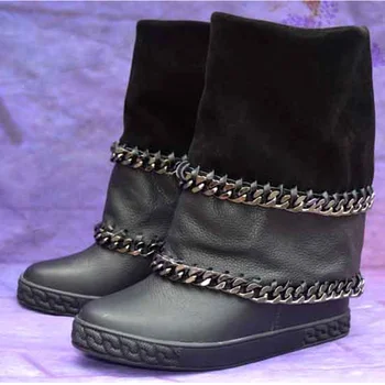 Bottes femme žiemos batai moterims, juodos odos, metalo Grandinės botas aukštis didėja platforma kaubojaus batai ponios batai
