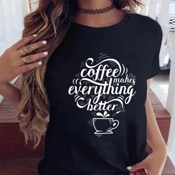 Moterų Juokingi Kavos Raidė T-shirts Vasaros trumpomis Rankovėmis Atsitiktinis Tees už Ponios Harajuku Dizaineris Viršūnes Moterų Negabaritinių Medžiaga