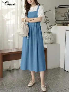 Celmia Džinsinio Moterų Midi Vestidos Rankovių Mados Raišteliu Juosmens Atsitiktinis Suspender Suknelė Elegantiškas Korėjos Stiliaus Ilgai Sundress