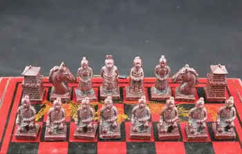 Chinois 32 pièces jeu d'échecs/boîte/Xian terrasses guerrier jardin décoration 100% réel tibétain argent laiton