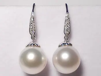 10--11mm balta Pietų Jūros perlas tabaluoti auskarai, deimantų, kietasis 18k balto aukso.