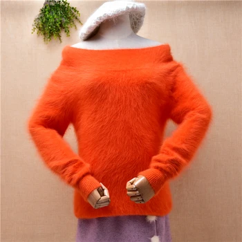 ponios moterų mados orange plaukuotas mink kašmyro megztinių velniop kaklo oof peties rankovėmis slim palaidinės megztinis megztinis megztinis viršų