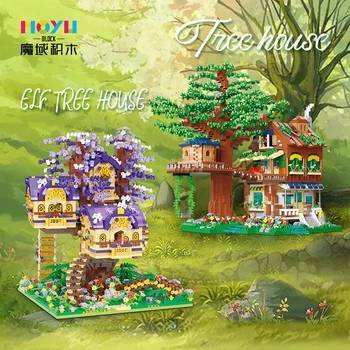 Tree House Mini Blokai 3D Modelio Surinkimo Vyšnių Miesto Gatvės Elf Treehouse Mirco Plytų Duomenys Vaikams, Žaislai