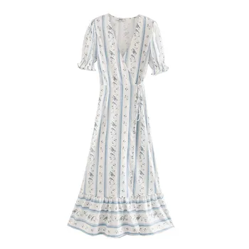 derliaus wrap suknelė moterims gėlių spausdinti elegantiškas vestidos v-kaklo mėlynas ropa mujer ilga suknelė za 2020 ummer drabužiai moterims