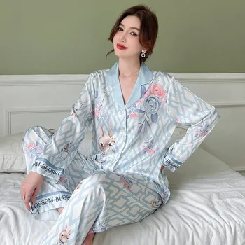 Naują Pavasario Rudens Moterų Pižama Sleepwear Dviejų Dalių Komplektas Blue Print Gėlių Ilgomis Rankovėmis Kelnių Kostiumai Atsitiktinis Satino Homewear Pyjama