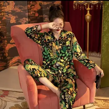 Mados Moterų Loungewear Dviejų dalių Komplektas Satino Pižama Print Single-breasted Laple Top Laisvas Kelnes Moterims Šilko Sleepwear Rinkiniai