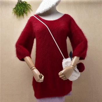 ponios moterų mados pliušinis mink kašmyro megztinių pusė sluoksniuotos rankovėmis slim palaidinės angoros megztinis kailis žiemą megztinis megztinis suknelė