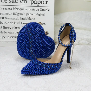 BaoYaFang 2020 naujas Atvykti vestuvių batai su atitikimo krepšiai Aukštos Obcasie Širdies rankinėje royal blue pearl šalis, avalynė ir rankinės