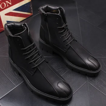Britų stiliaus vyrų mados natūralios odos batus, suvarstomi juodos spalvos platforminiai batai gražus kaubojus įkrovos tendencija kulkšnies botas masculinas