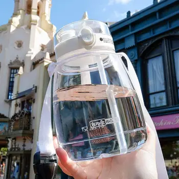 Didelės talpos Šiaudų Vandens Puodelį Lauko Nešiojamasis Dirželis Vandens Butelis Dvigubai Geriamojo Plastiko, BPA-free Taurės Mergina Gėrimo Taurė