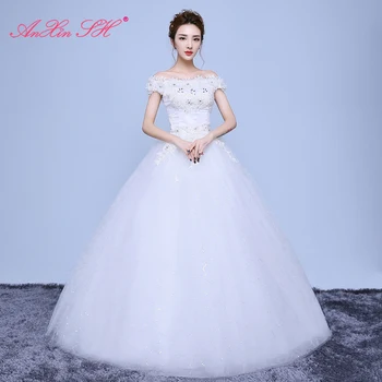 AnXin SH princesė mažai gėlių nėrinių balta vestuvinė suknelė vintage šalis valtis kaklo duobute crystal red rose vestuvių suknelė