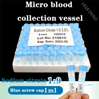 Medicinos hemagglutination vamzdis 1ml citrinų / natrio citratas 1:9 vienkartiniai micro kraujo surinkimo laivas blue cap PET plastiko