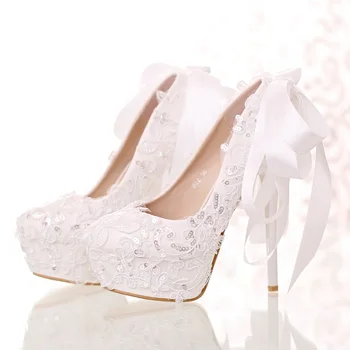 2021 m. pavasarį naujas baltos spalvos nėrinių nuotakos suknelė bateliai, apvalios galvos lankas super aukšto kulno moterų bendrosios batai seklių burną vestuvių batai
