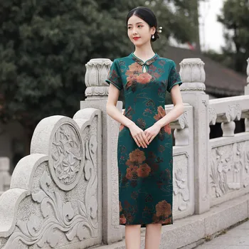 Tradicinių Gėlių Spausdinti Satino Kelio Ilgis Cheongsam Lašas Apykaklę, Trumpas Rankovės Qipao Kinijos Moterų Vestuvinė Suknelė