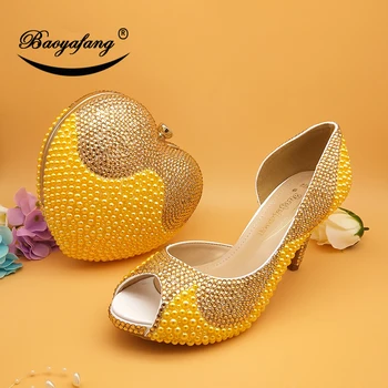 BaoYaFang Naujas Moterų vestuvių avalynė ir rankinės nuotaka aukštakulniai platformos batai Ponios Paty batai širdies rankinėje Dieną cluthes Aukso