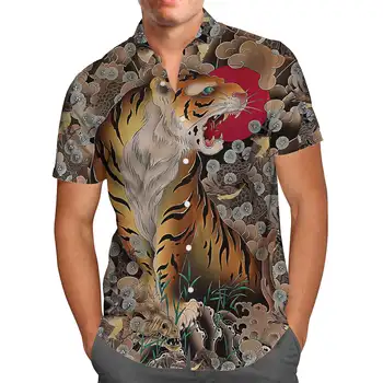 Japonų Stiliaus Tigras 3D Beach Havajų Vasaros Marškinėliai trumpomis Rankovėmis Marškiniai Streetwear Negabaritinių 5XL Camisa Socialinės Chemise Homme