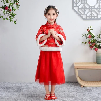 Cheongsam mergaitė žiemos naujas sutirštės raudona Naujųjų Metų drabužių mergina Naujųjų Metų drabužių raudona suknelė išlaikyti šiltas vestido chino