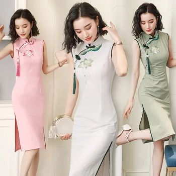 Sheng Kokosų Ponios Ramės (Kiniškosios Dilgėlės) Rankovių Qipao Cheongsam Suknelės Trumpą Klasikinės Rankovių Šiuolaikinės QiPao Suknelė Kinijos Balti Berankoviai