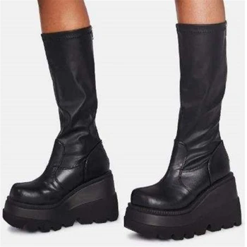 Estilo punk outono inverno botas de microfibra elástica sapatos mulher tornozelo botas de salto alto preto grosso plataforma joe