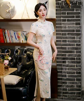 Derliaus Mandarinų Apykaklės Šifono Ilgai Stiliaus Qipao Rankų Darbo Mygtuką Trumpas Rankovės Cheongsam Kinijos Moterų Vestuvinė Suknelė