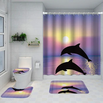 Delfinų Vonios kambarys Dušo Užuolaidos Vandeniui Dušo Užuolaidos 3D Atspausdintas Poliesteris, neslidžia Ritinėlį Tualetinio Padengti Vonios Kilimėlis Kilimėlių Rinkinys