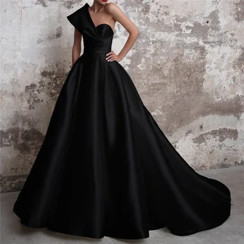 Vestidos De Gala Satino Vakarą Prom Dresses Ilgai 2022 Juoda Oficialią Suknelės Vienos Pečių Kamuolys Suknelė Abiye Gece Elbisesi