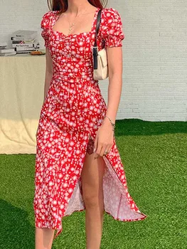 Moterų Vasaros Derliaus Šalis Suknelė Prancūzija Stiliaus Sluoksniuotos Shell Gėlių Modelio Aikštėje Krabų Puslapį Padalinti Midi Suknelė Vestido 2022